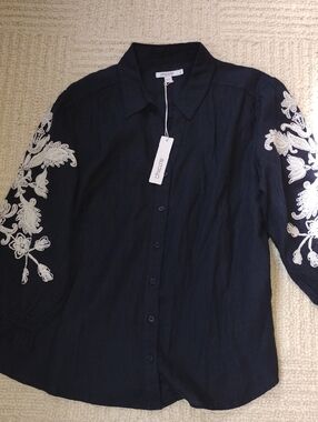 Chico's Navy Button-Up Blouse with White Floral Embroidery